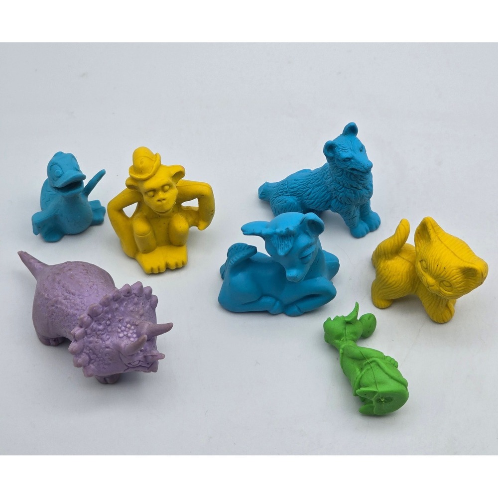 Vintage 60s Diener Itty Bittys Animal Eraser Lot Triceratops Monkey Dog Cat 7pc